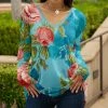 Lily | Aqua & Rose Floral Long-Sleeve V-Neck Tunic - Plus