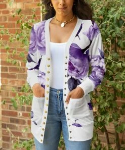 Lily | Purple & White Floral Button-Up Pocket Cardigan - Women & Plus