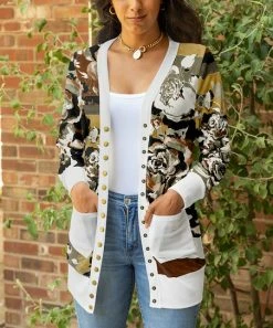 Lily | Black & Brown Floral Button-Up Pocket Cardigan - Women & Plus