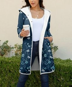 Lily | Blue & White Floral Hooded Fleece-Lined Coat - Women
