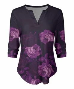 Lily | Purple & Lavender Floral Three-Quarter Sleeve Notch Neck Top - Women