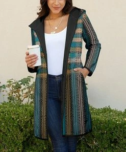 Lily | Teal & Beige Weave-Print Hooded Button-Up Longline Coat - Plus