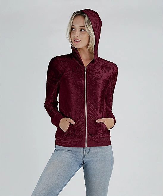 Lily | Wine Pocket Velvet Zip-Up Hoodie - Women 2 Lily | Wine Pocket Velvet Zip-Up Hoodie - Women - Image 2
