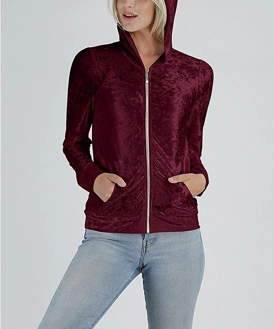 Lily | Wine Pocket Velvet Zip-Up Hoodie - Women 1 Lily | Wine Pocket Velvet Zip-Up Hoodie - Women