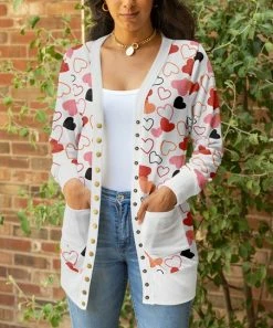 Lily | White & Red Cascading Hearts Button-Front Pocket Cardigan - Women & Plus
