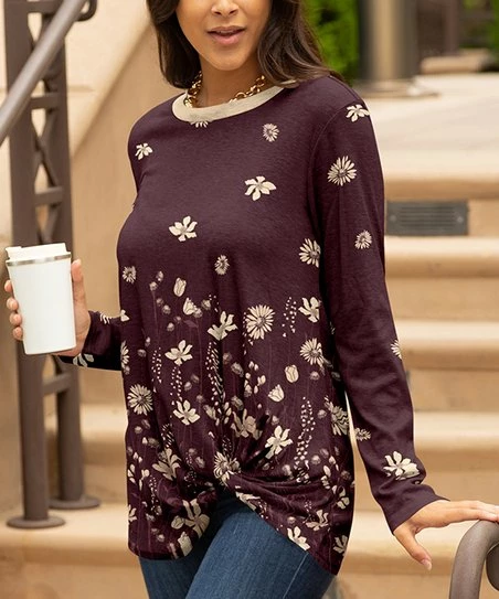Lily | Mauve & Pink Floral Knot-Front Long-Sleeve Tunic - Plus 1 Lily | Mauve & Pink Floral Knot-Front Long-Sleeve Tunic - Plus