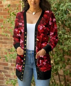 Lily | Black & Red Cascading Hearts Button-Front Pocket Cardigan - Women & Plus