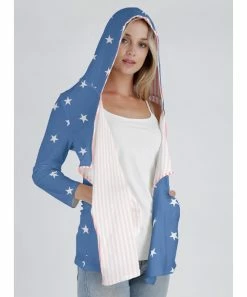 Lily | Blue & White Star & Stripe Hooded Open Cardigan - Women -Cheap Lily Store zu102615292 alt 1 tm1641658911