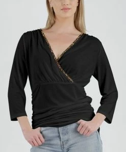 Lily | Black & Brown Leopard Ruched Three-Quarter Sleeve V-Neck Tunic - Women