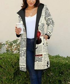 Lily | Cream & Black Abstract Violin Hooded Fleece Button-Up Jacket - Women