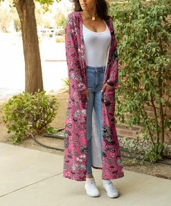 Lily | Pink & Gray Floral Pocket Open Duster - Plus