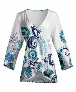 Lily | White & Blue Paisley Long-Sleeve Wrap Tunic - Plus