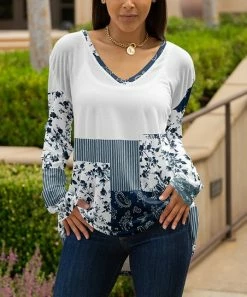 Lily | White & Navy Floral Patchwork V-Neck Tunic - Plus