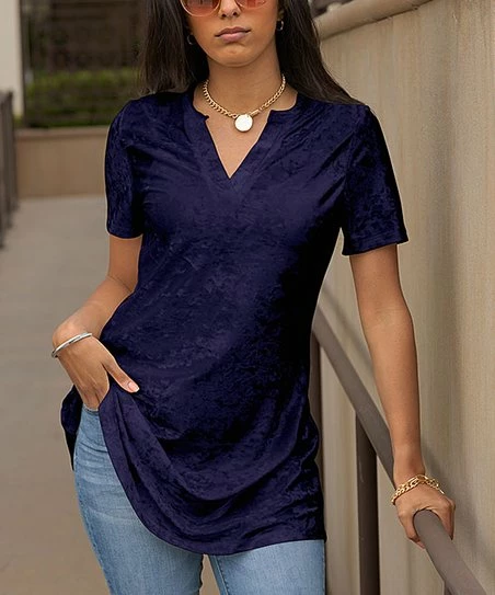 Lily | Dark Purple Velvet Notch-Neck Tunic - Women 1 Lily | Dark Purple Velvet Notch-Neck Tunic - Women