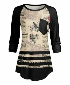 Lily | Beige & Black Newsprint Long-Sleeve Pocket Tunic - Plus
