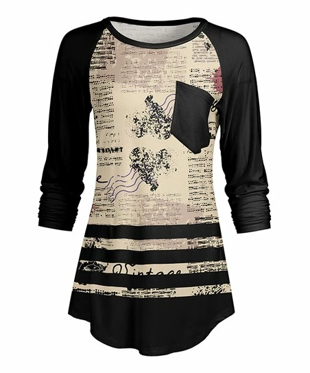 Lily | Beige & Black Newsprint Long-Sleeve Pocket Tunic - Plus 1 Lily | Beige & Black Newsprint Long-Sleeve Pocket Tunic - Plus