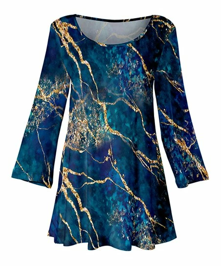 Lily | Blue & Gold Marble Long-Sleeve Tunic - Women 1 Lily | Blue & Gold Marble Long-Sleeve Tunic - Women