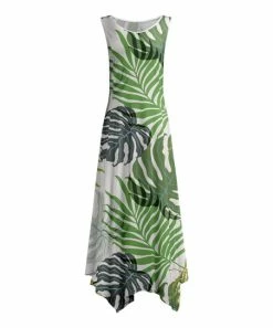 Lily | White & Green Foliage Sleeveless Handkerchief Maxi Dress - Women