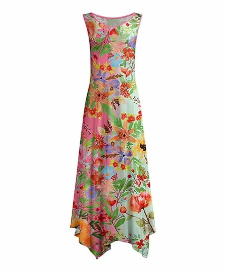 Lily | Pink & Green Floral Sleeveless Handkerchief Maxi Dress - Women 1 Lily | Pink & Green Floral Sleeveless Handkerchief Maxi Dress - Women