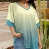 Lily | Blue & Cream Ombré Layered Cape-Sleeve V-Neck Tunic - Plus