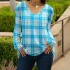 Lily | Aqua & White Plaid V-Neck Long-Sleeve Tunic - Women