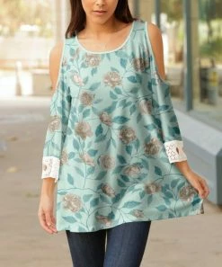 Lily | Aqua & Gray Floral Cold-Shoulder Tunic - Women