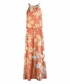 Lily | Coral & Orange Floral Gathered Neckline Blouson Maxi Dress - Women