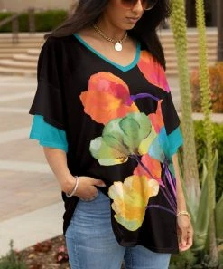 Lily | Black & Turquoise Floral Butterfly-Sleeve Tunic - Women