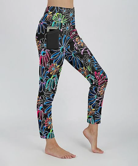 Lily | Black & Vibrant Floral Pocket Leggings - Plus 1 Lily | Black & Vibrant Floral Pocket Leggings - Plus