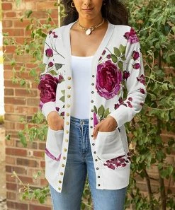 Lily | Pink & Green Peony Snap Cardigan - Women & Plus