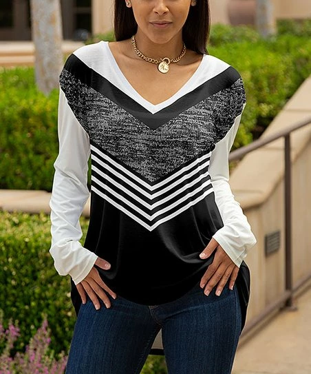 Lily | Black & White Chevron Color Block Long-Sleeve V-Neck Tunic - Women 1 Lily | Black & White Chevron Color Block Long-Sleeve V-Neck Tunic - Women