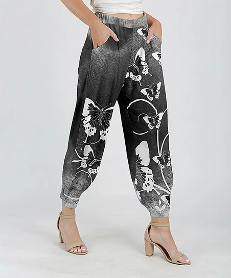 Lily | Gray & White Butterfly Floral Pocket Joggers - Women 1 Lily | Gray & White Butterfly Floral Pocket Joggers - Women