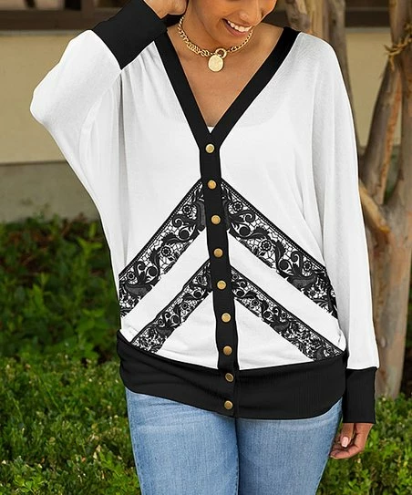 Lily | White & Black Chevron Lace-Print Dolman-Sleeve Cardigan - Plus 1 Lily | White & Black Chevron Lace-Print Dolman-Sleeve Cardigan - Plus