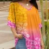Lily | Orange & Pink Floral V-Neck Ruffle-Sleeve Tunic - Plus