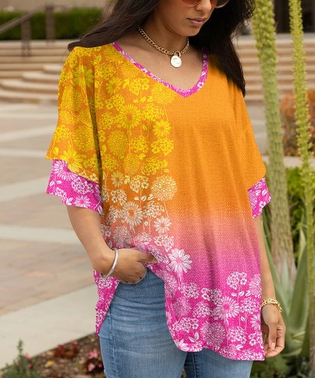 Lily | Orange & Pink Floral V-Neck Ruffle-Sleeve Tunic - Plus 1 Lily | Orange & Pink Floral V-Neck Ruffle-Sleeve Tunic - Plus