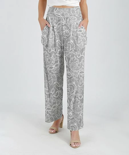 Lily | Gray & White Floral Paisley Pocket Lounge Pants - Plus 1 Lily | Gray & White Floral Paisley Pocket Lounge Pants - Plus