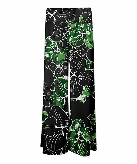 Lily | Black & Green Floral High-Waist Palazzo Pants - Women 1 Lily | Black & Green Floral High-Waist Palazzo Pants - Women