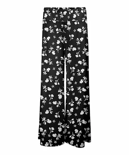 Lily | Black & White Floral High-Waist Palazzo Pants - Plus 1 Lily | Black & White Floral High-Waist Palazzo Pants - Plus