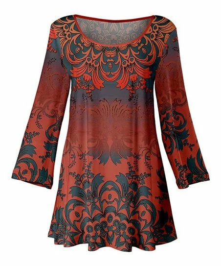 Lily | Red & Navy Geometric Three-Quarter Sleeve Pleated Tunic - Women 1 Lily | Red & Navy Geometric Three-Quarter Sleeve Pleated Tunic - Women