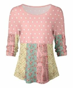 Lily | Pink & Green Floral Polka Dot Three-Quarter Sleeve Pleated Top - Women & Plus