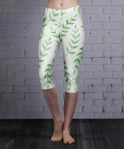 Lily | White & Green Leaves Capri Leggings - Plus