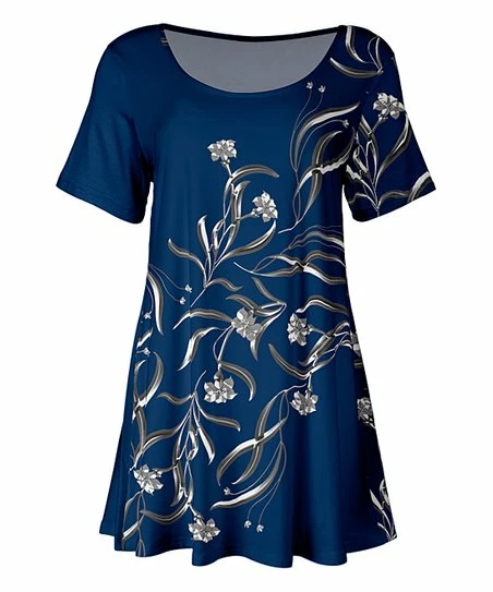 Lily | Navy & Gray Floral Filigree Pleated Swing Tunic - Women 1 Lily | Navy & Gray Floral Filigree Pleated Swing Tunic - Women