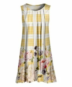 Lily | Yellow & Pink Floral Plaid Pleated Sleeveless Tunic - Women