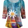 Lily | Blue & Red Watercolor Floral Three-Quarter Sleeve Pleated Top - Women