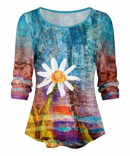 Lily | Blue & Red Watercolor Floral Three-Quarter Sleeve Pleated Top - Women 1 Lily | Blue & Red Watercolor Floral Three-Quarter Sleeve Pleated Top - Women