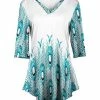 Lily | White & Blue Peacock Feathers Three-Quarter Sleeve V-Neck Tunic - Women