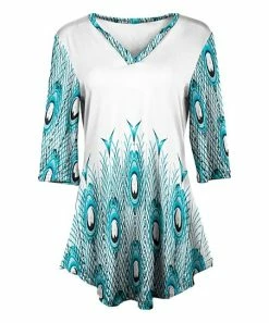 Lily | White & Blue Peacock Feathers Three-Quarter Sleeve V-Neck Tunic - Women
