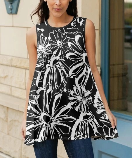 Lily | Black & White Linework Daisy Sleeveless Tunic - Women 1 Lily | Black & White Linework Daisy Sleeveless Tunic - Women