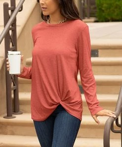 Lily | Coral Knot-Front Long-Sleeve Tunic - Women & Plus