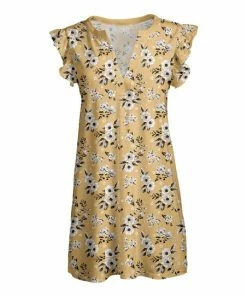 Lily | Yellow & White Floral V-Neck Flutter-Sleeve Tunic - Women